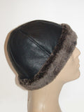 Round Black Sheepskin winter hat by Ben Katz with Grey wool. Real shearling, super warm. Classic design.